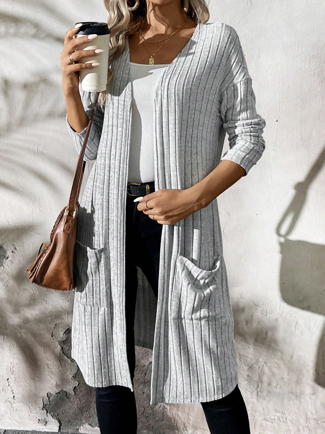 Cozy Ribbed Cardigan with Pockets - Perfect for Relaxation.