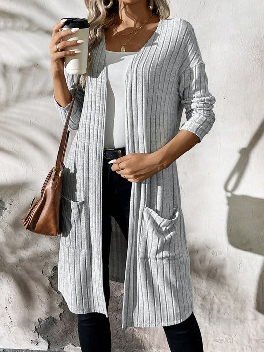 Cozy Ribbed Cardigan with Pockets - Perfect for Relaxation.