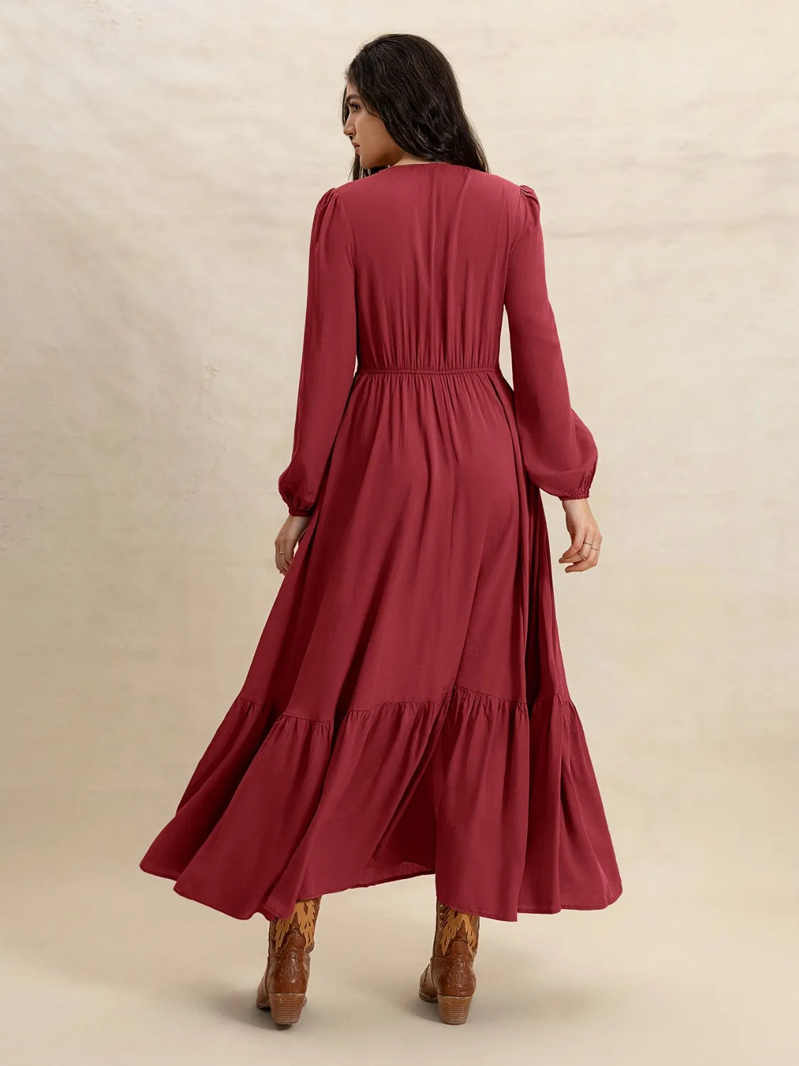 V-Neck Balloon Sleeve Ruffled Hem Maxi Dress.