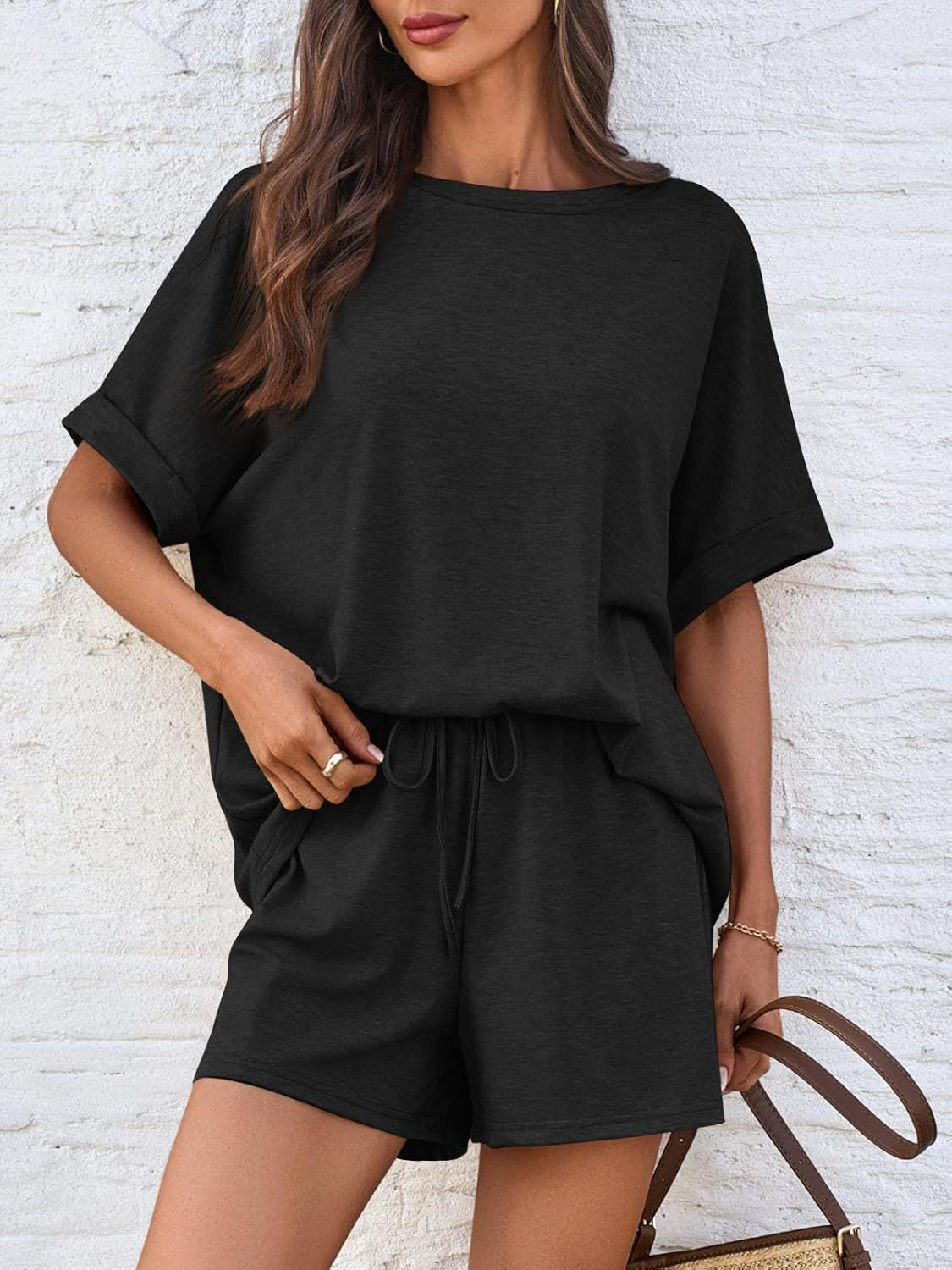 Comfortable and Stylish Round Neck T-Shirt and Drawstring Shorts Set.