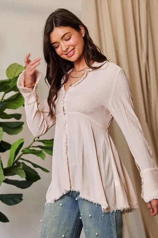 Davi & Dani V-Neck Open Back Adjustable Babydoll Shirt.