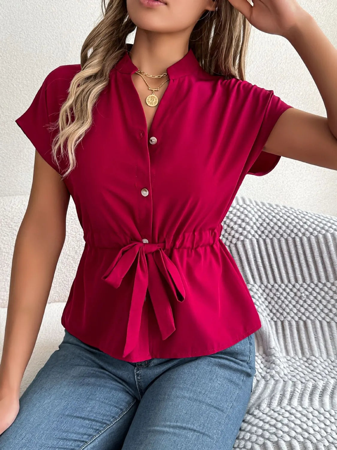 Savvy Notched Short Sleeve Blouse.