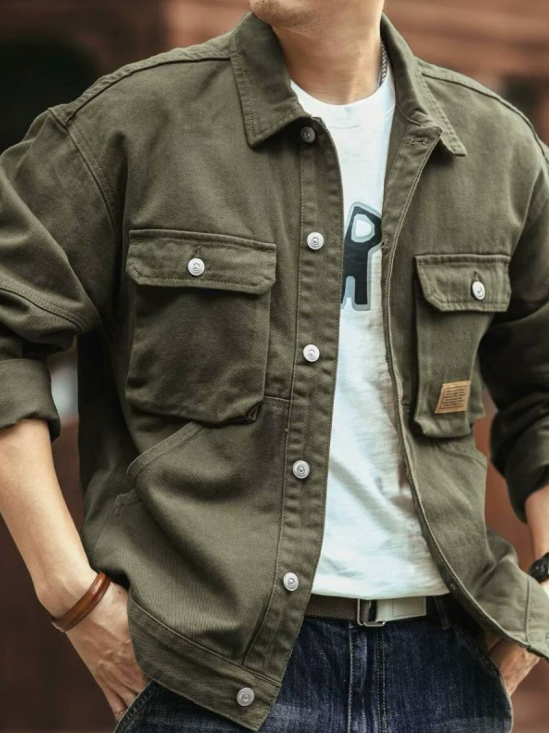 Washed Collared Neck Cargo Jacket for Men.