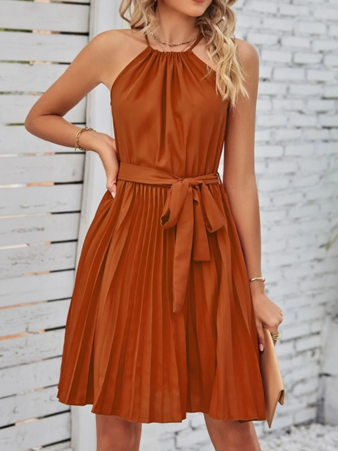 Pleated Tie Waist Sleeveless Mini Dress.