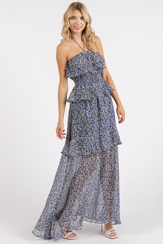 Mittoshop Ruffled Smocked Floral Halter Neck Maxi Dress.