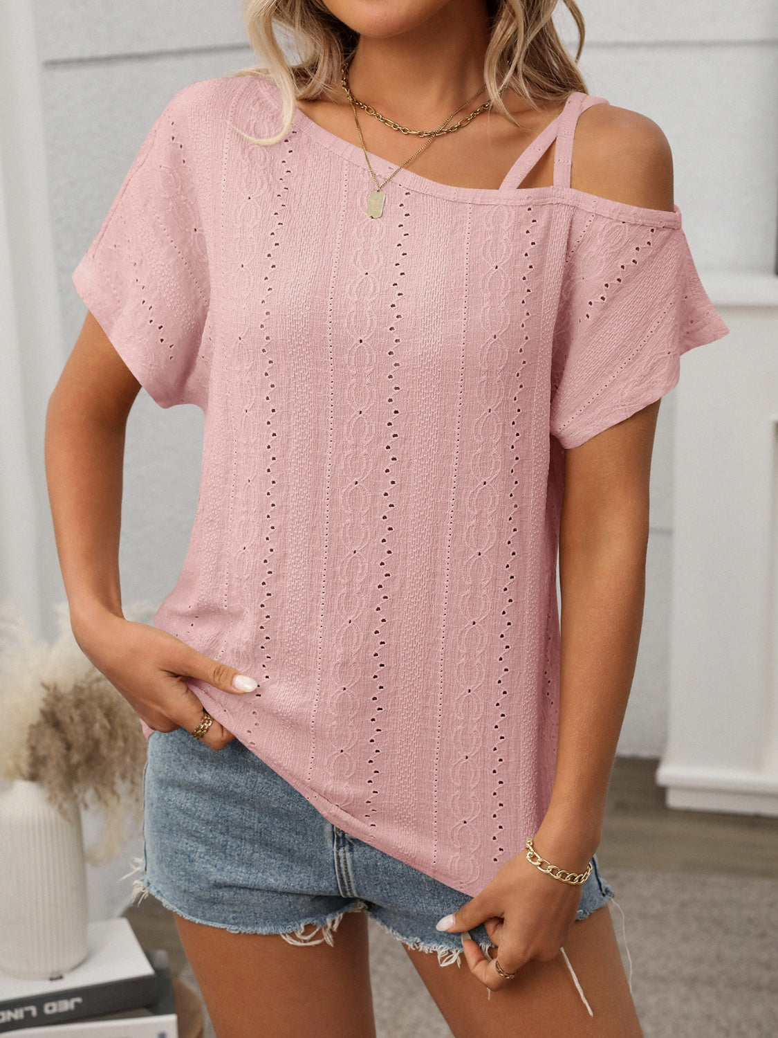 Chic Eyelet Asymmetrical Shoulder Short Sleeve T-Shirt - Unique Fashion Statement.