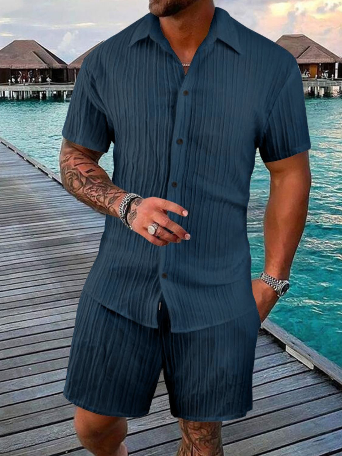 Men's Stylish Button Down Shirt & Shorts Set - Plus Size.