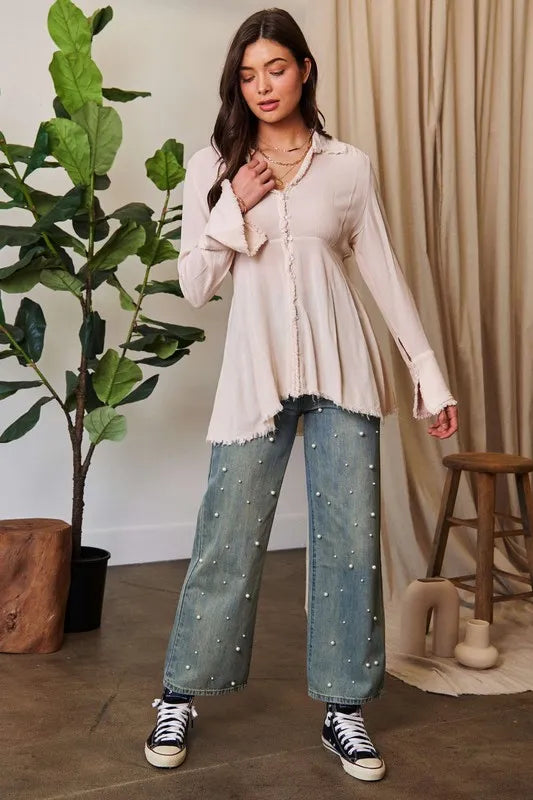 Davi & Dani V-Neck Open Back Adjustable Babydoll Shirt.