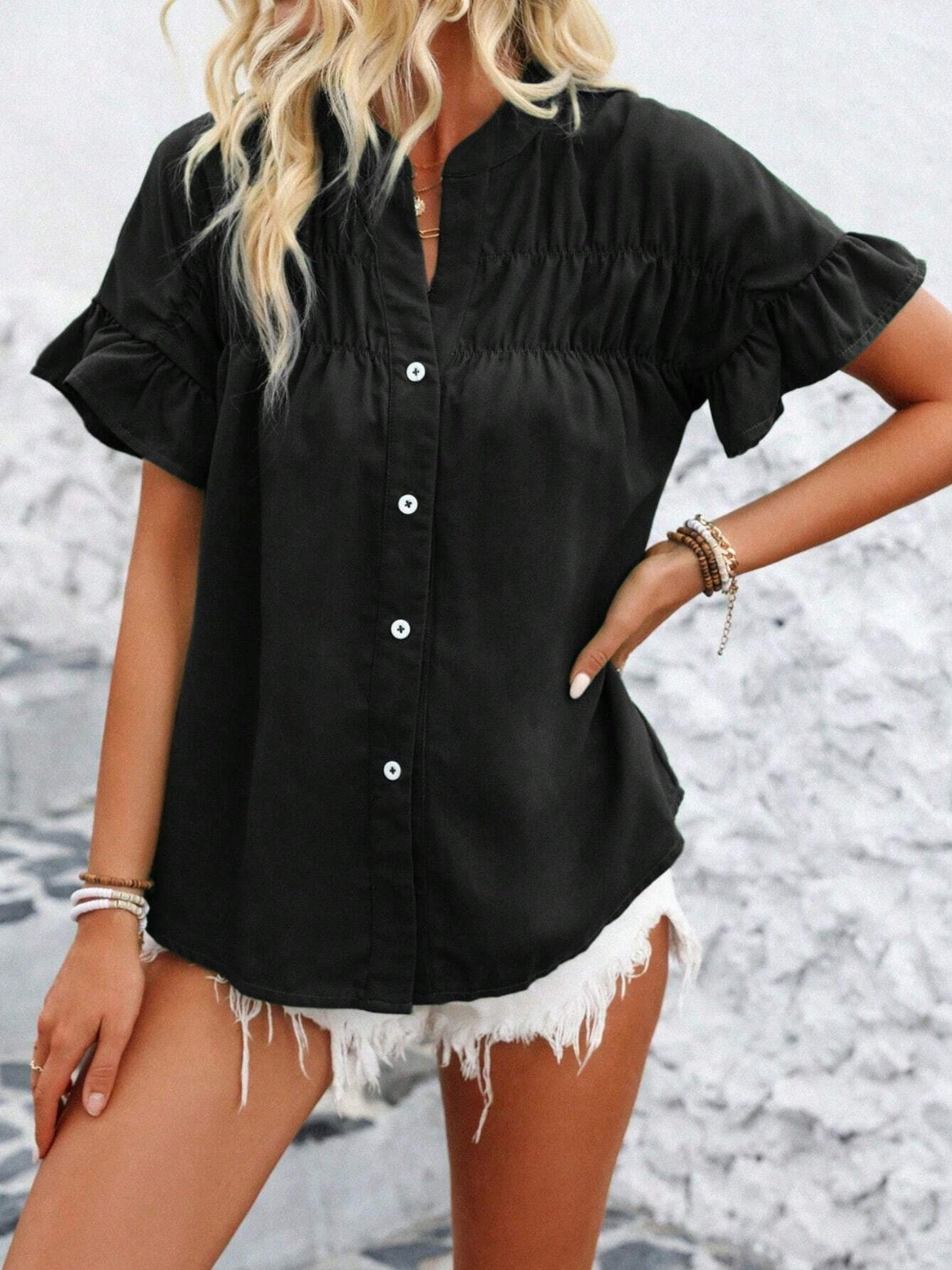 Elegant Button Down Ruffled Short Sleeve Shirt - Versatile Fashion Essential.