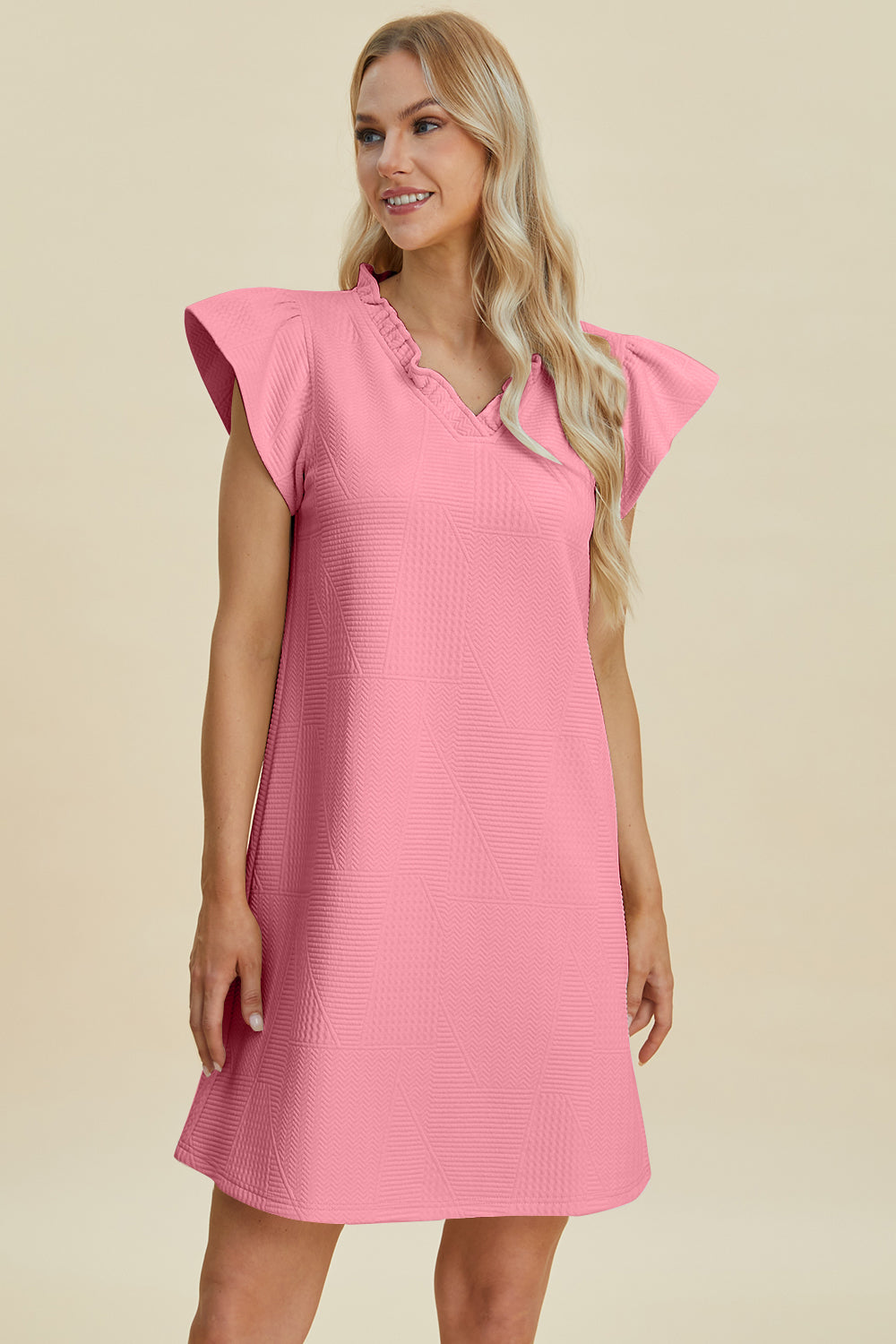 Double Take Full Size Ruffled V-Neck Cap Sleeve Dress.