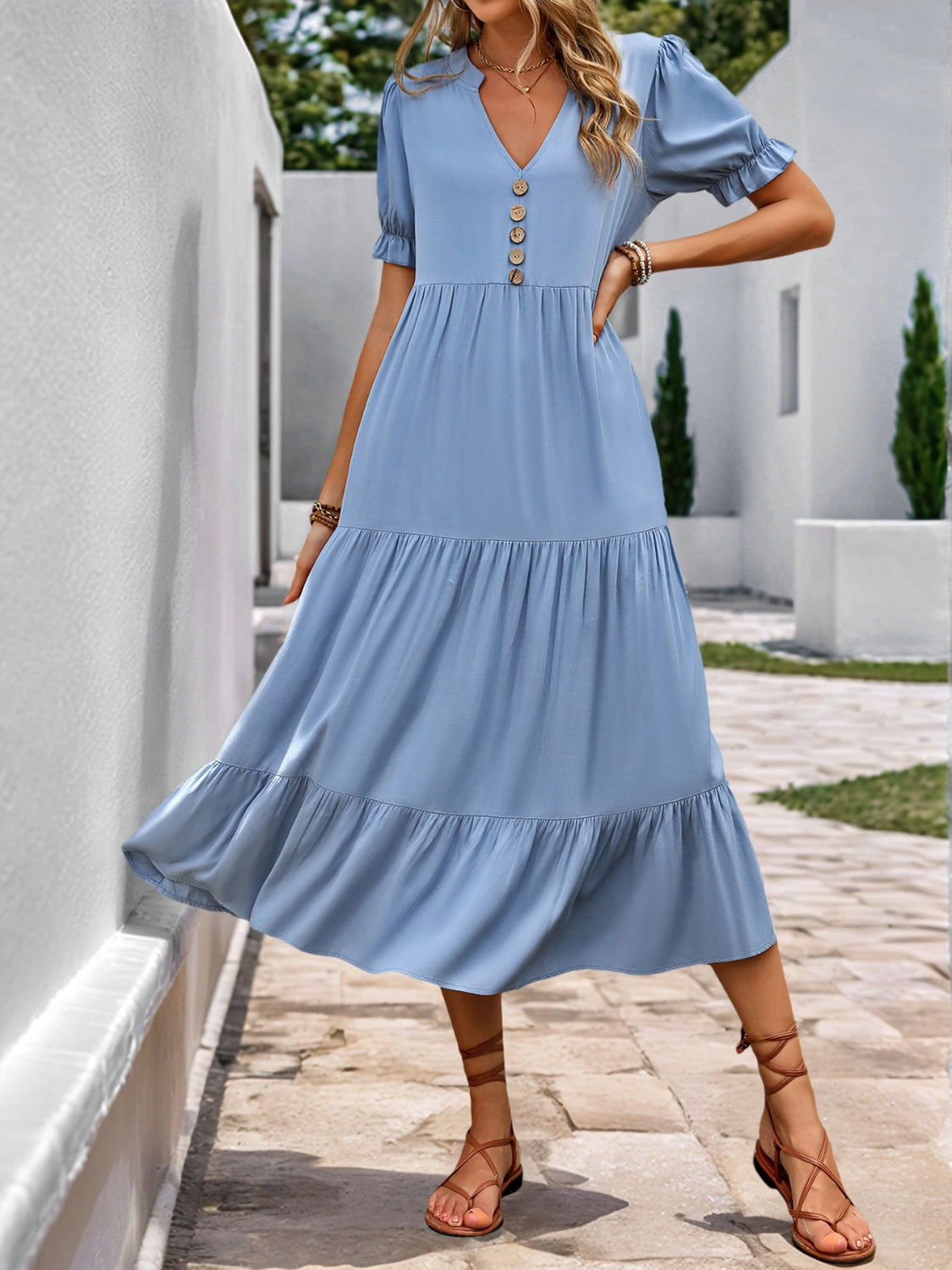 Notched Short Sleeve Tiered Midi Dress.