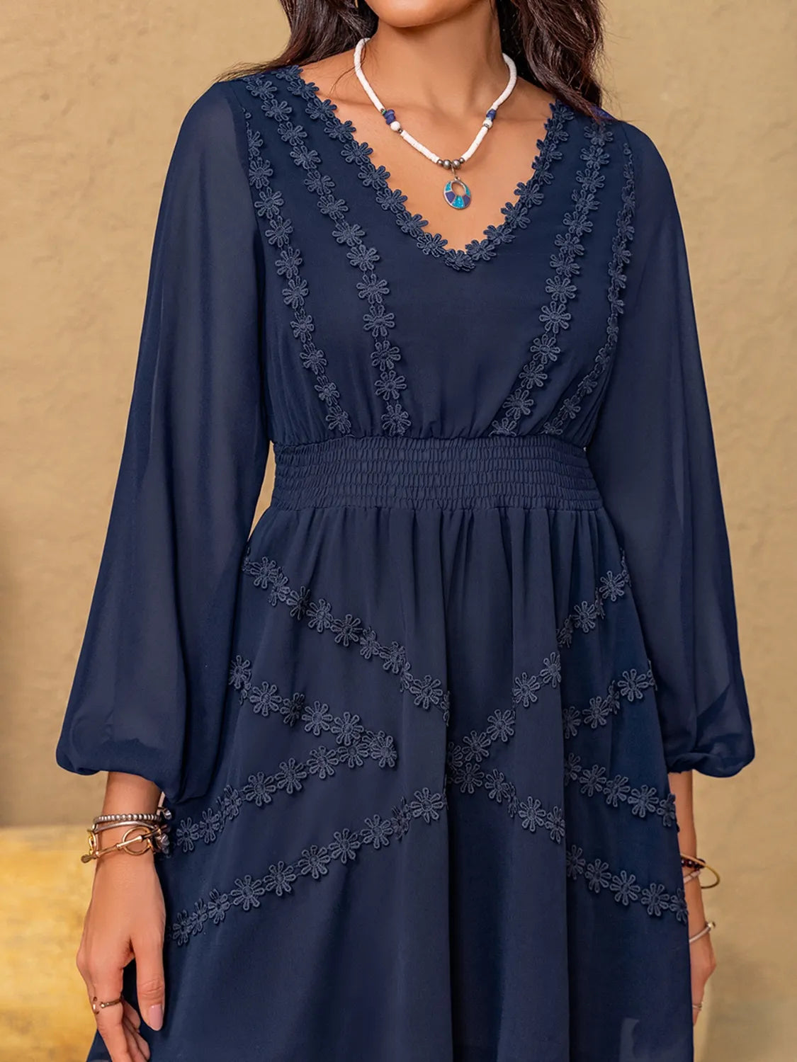 Enchanting Lace Detail V-Neck Balloon Sleeve Mini Dress.