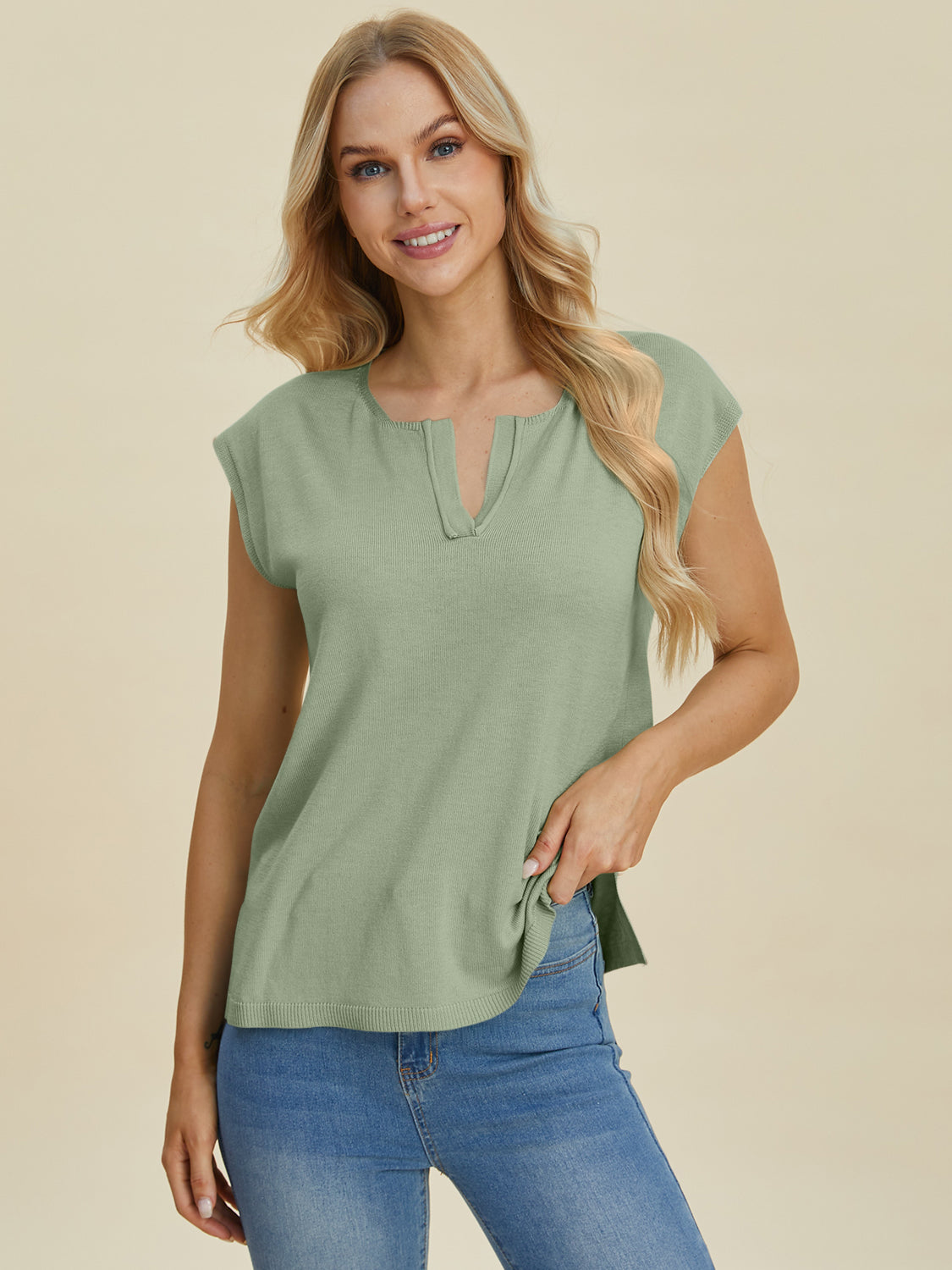 Double Take Full Size Notched Cap Sleeve Knit Top.