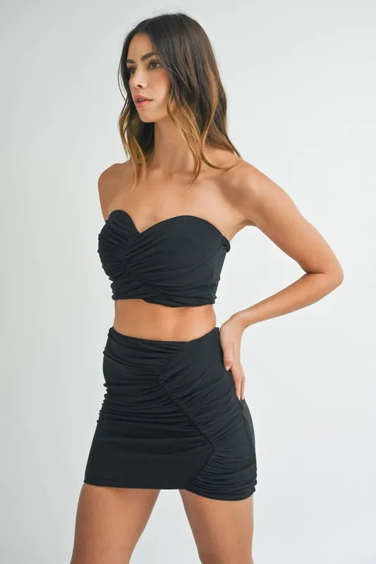 MABLE Ruched Tube Crop Top and Skirt Set.