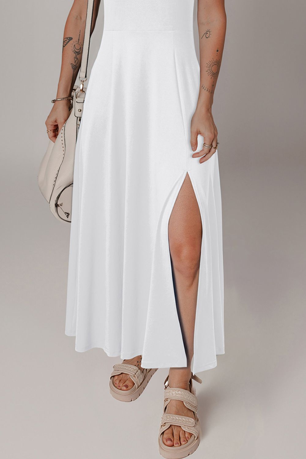 Side Slit Scoop Neck Wide Strap Dress.