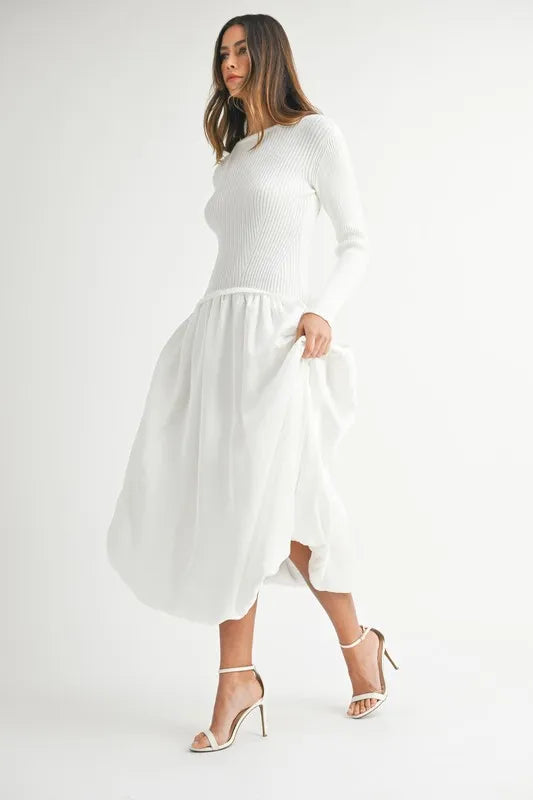 MABLE Ribbed Poplin Mix Midi Sweater Dress.