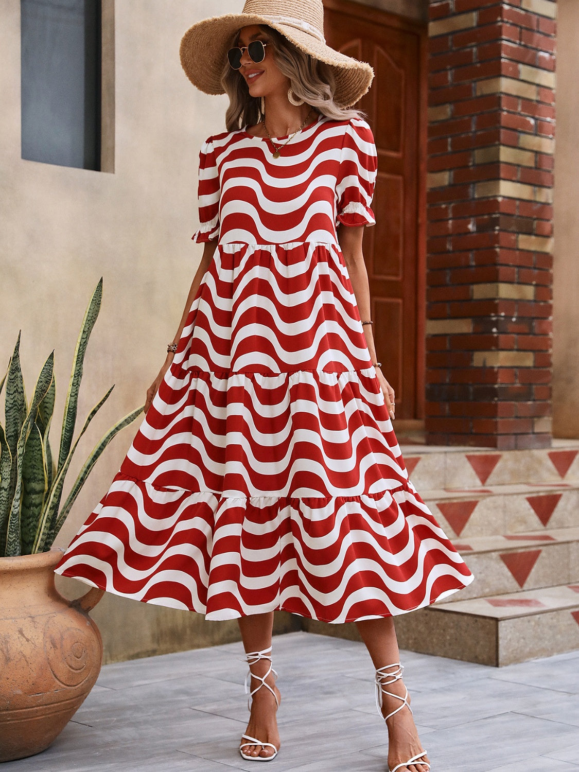 Wavy Striped Round Neck Short Sleeve Dress.