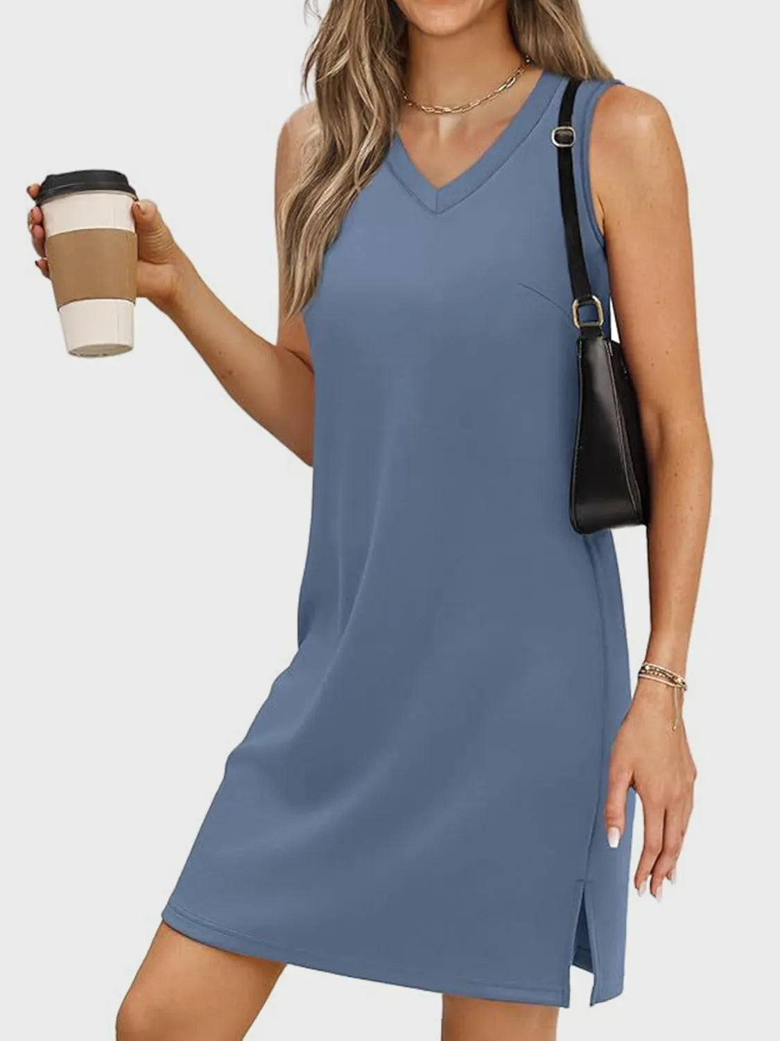 Slit V-Neck Sleeveless Mini Dress - Trendy & Stylish.