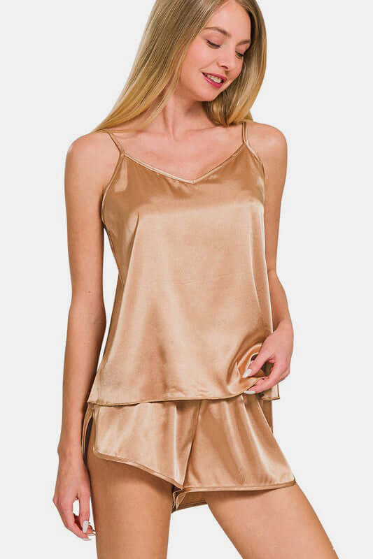 Zenana V-Neck Satin Cami and Elastic Waist Shorts Lounge Set.
