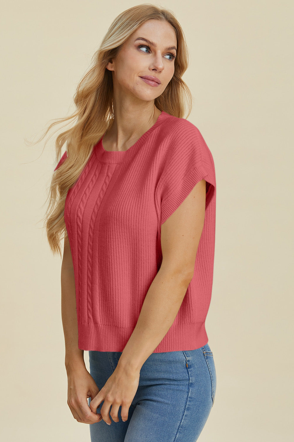 Double Take Full Size Cable-Knit Round Neck Short Sleeve Sweater.