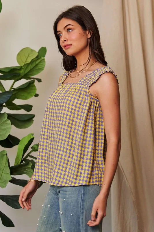 Davi & Dani Printed Square Neck Shirred Straps Top.