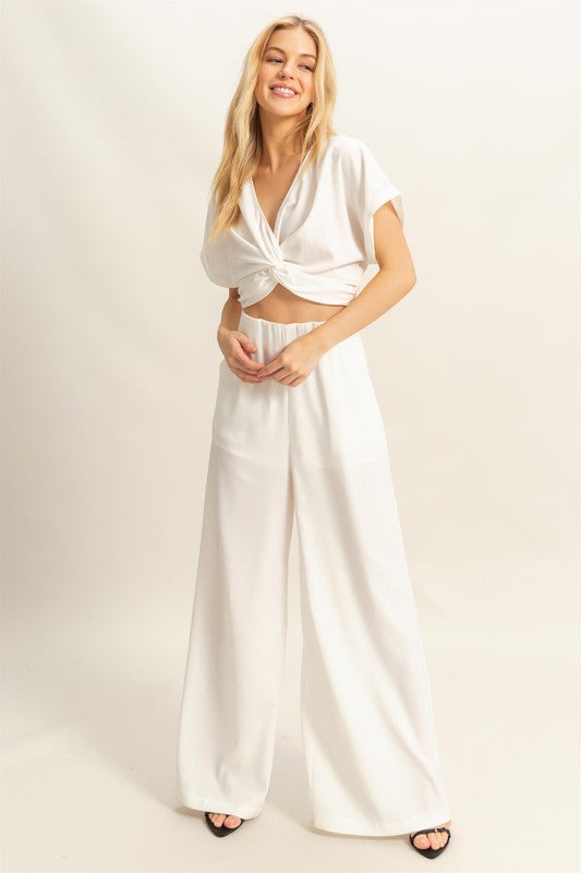 HYFVE Twisted Front Short Sleeve Top and Wide Leg Pants Set.