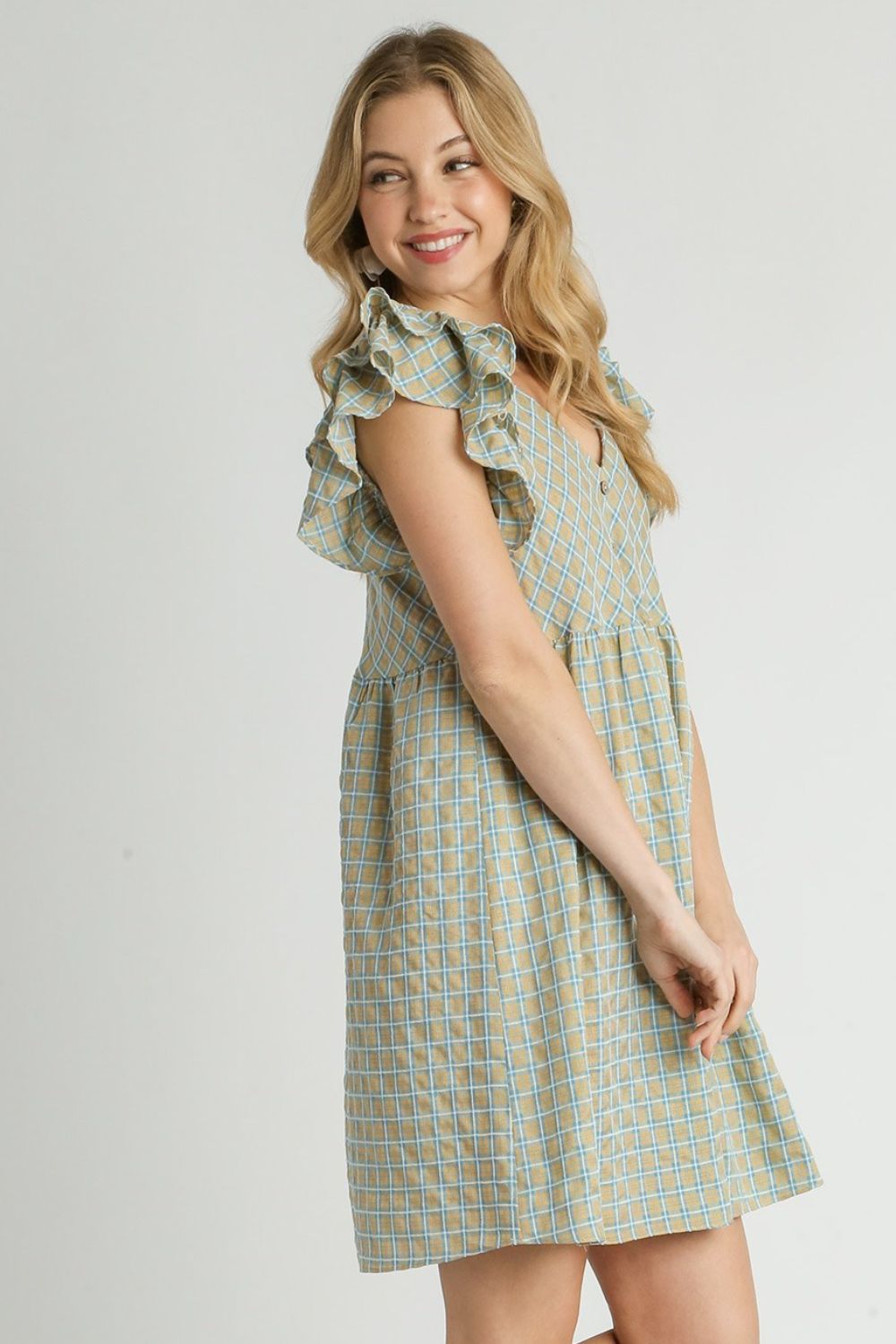 Umgee Full Size Plaid V-Neck Ruffle Cap Sleeve Dress Plus Size.