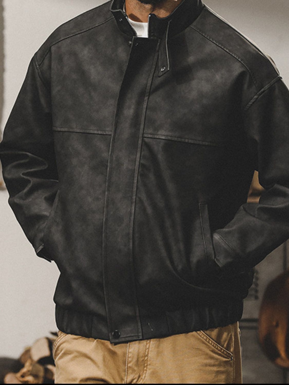 Plus Size Zip Up Stand Collar Biker Jacket.