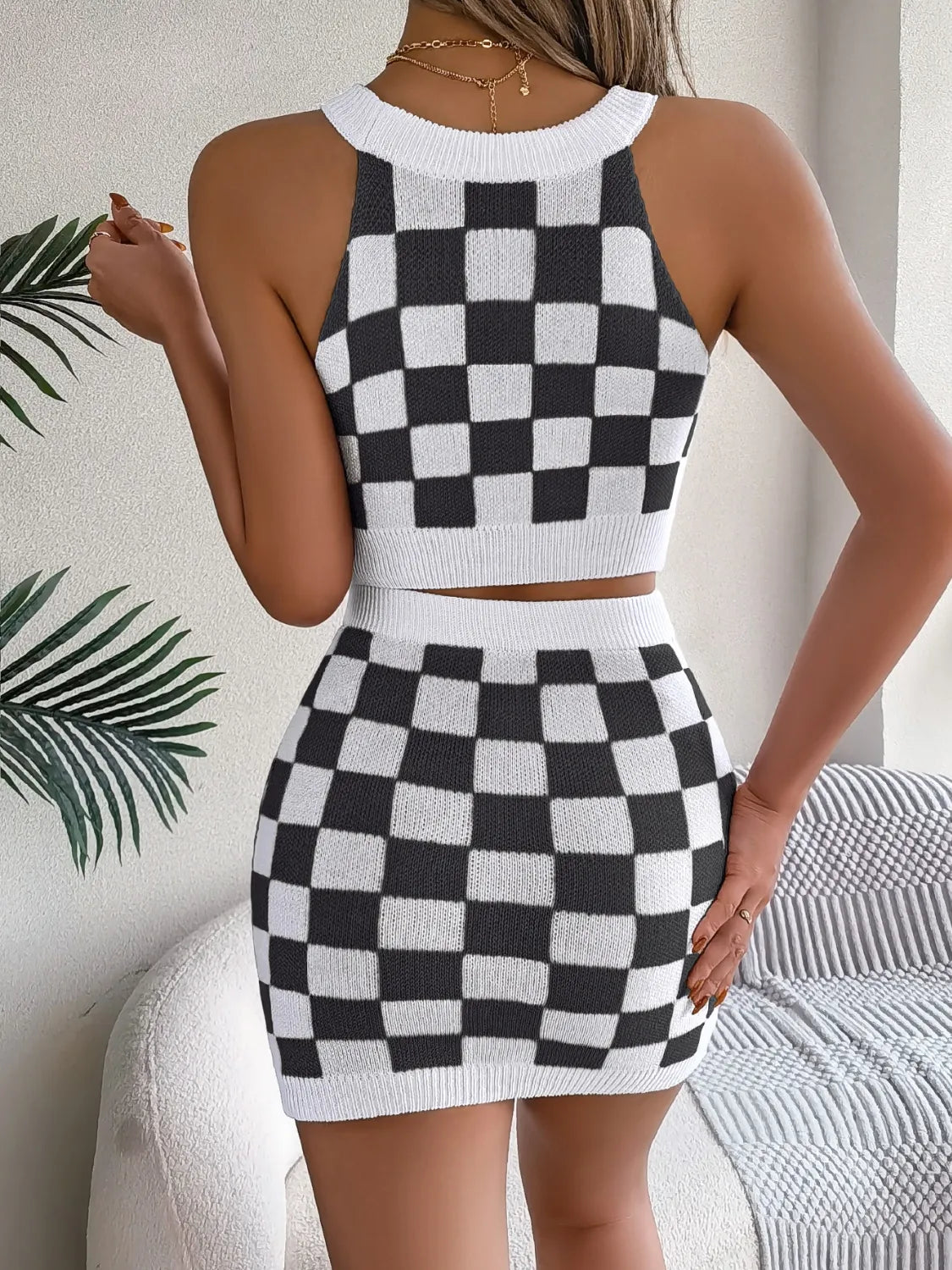 Checkered Grecian Neck Cami and Skirt Sweater Set.