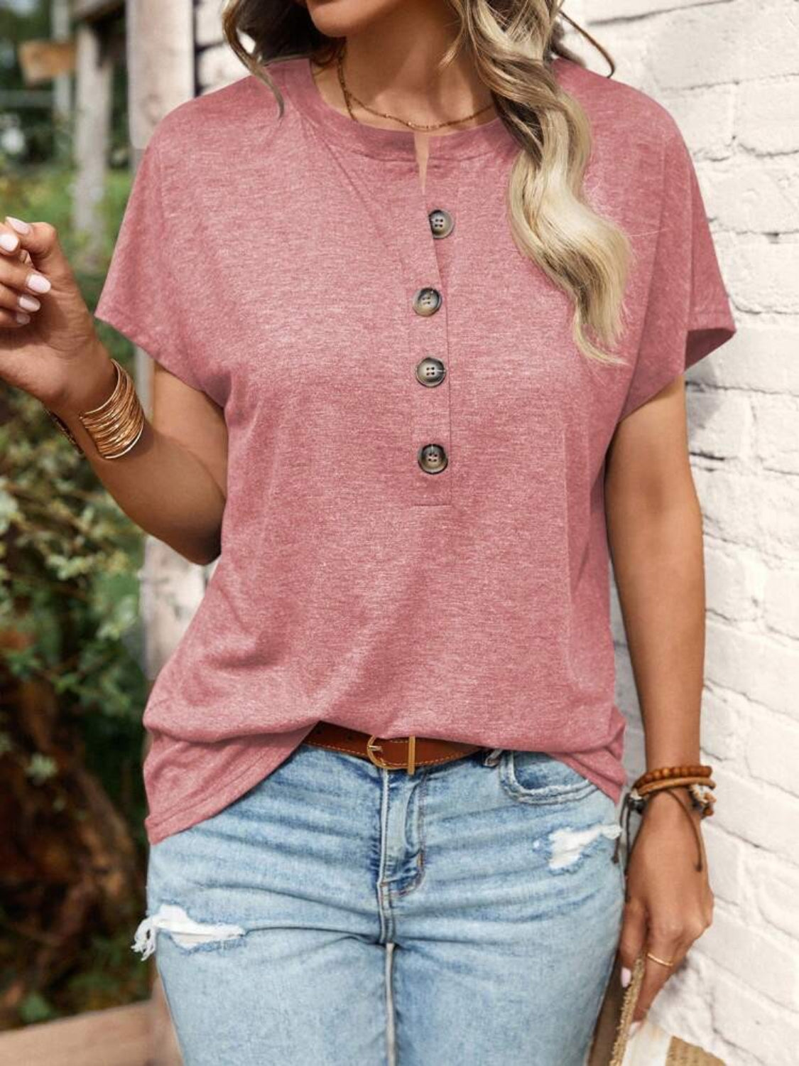 Stylish Half Button Short Sleeve Top.