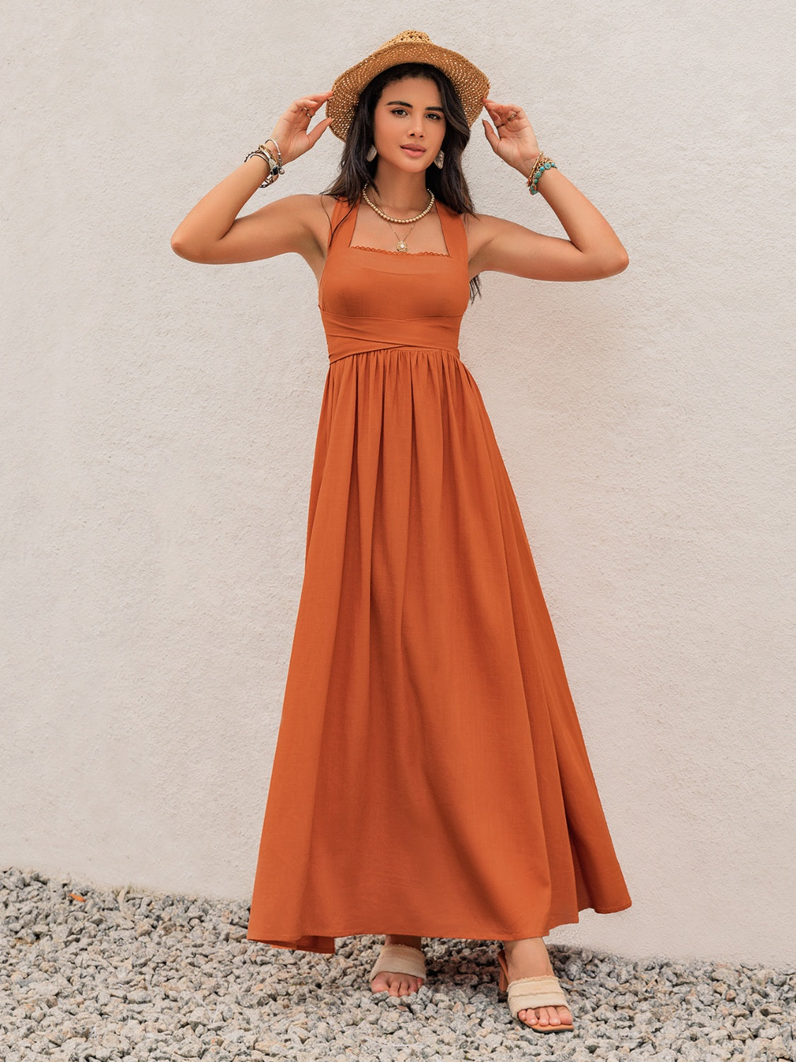 Crisscross Back Smocked Square Neck Maxi Dress.