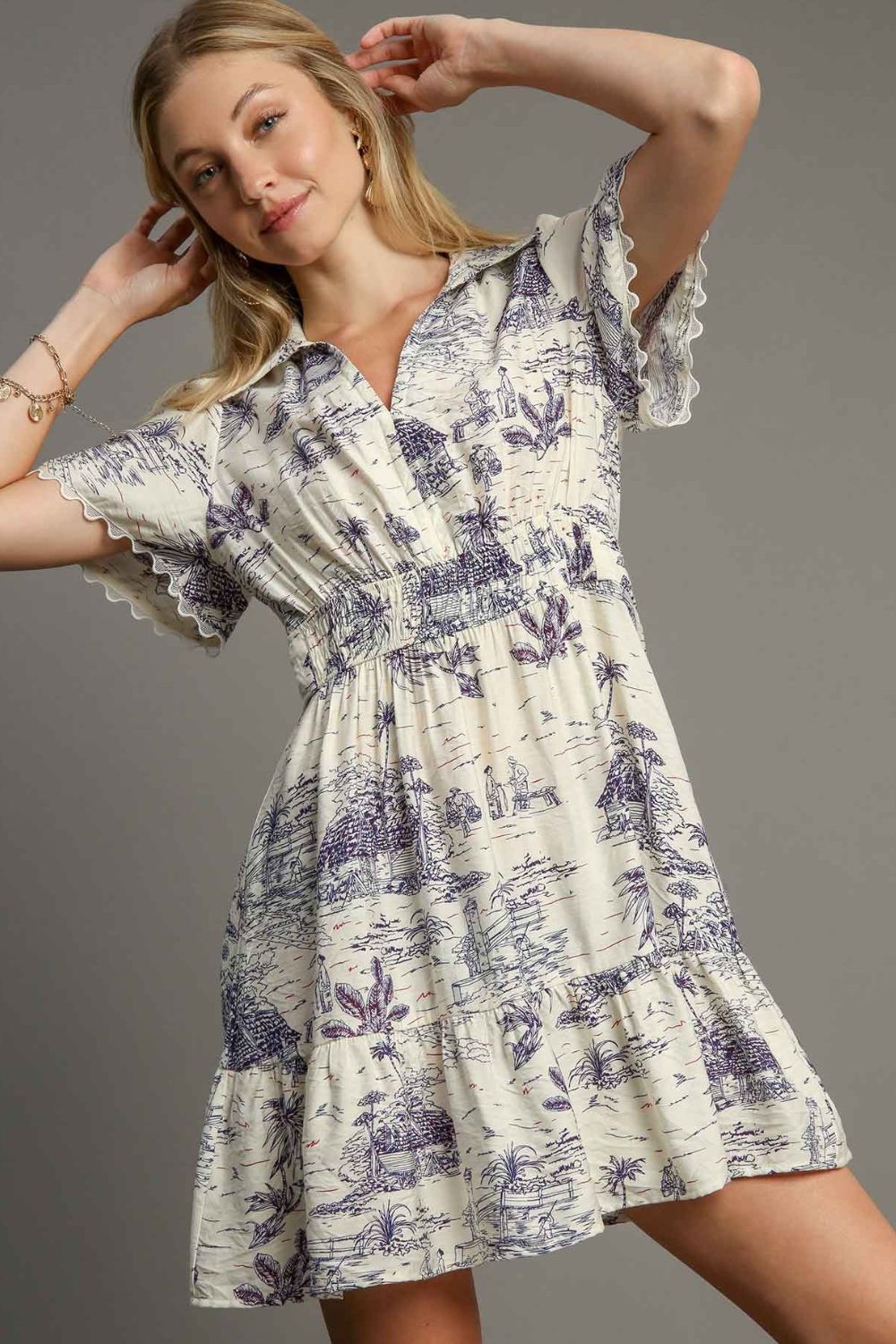 Umgee Full Size Landscape Print Collared Mini Dress Plus Size.