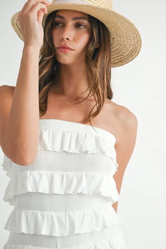 MABLE Pointelle Knit Fabric Ruffled Tube Romper.