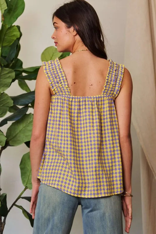 Davi & Dani Printed Square Neck Shirred Straps Top.