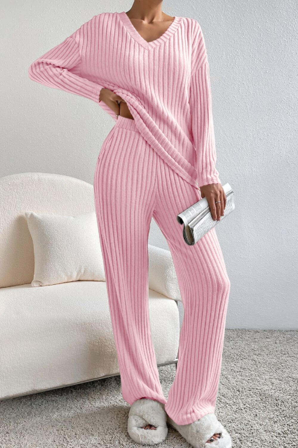 Cozy Ribbed V-Neck Top and Pants Lounge Set.