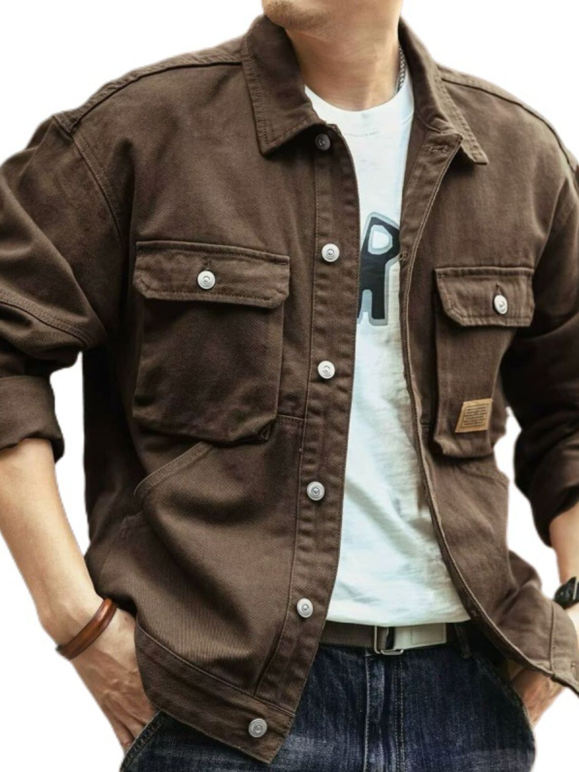 Washed Collared Neck Cargo Jacket for Men.