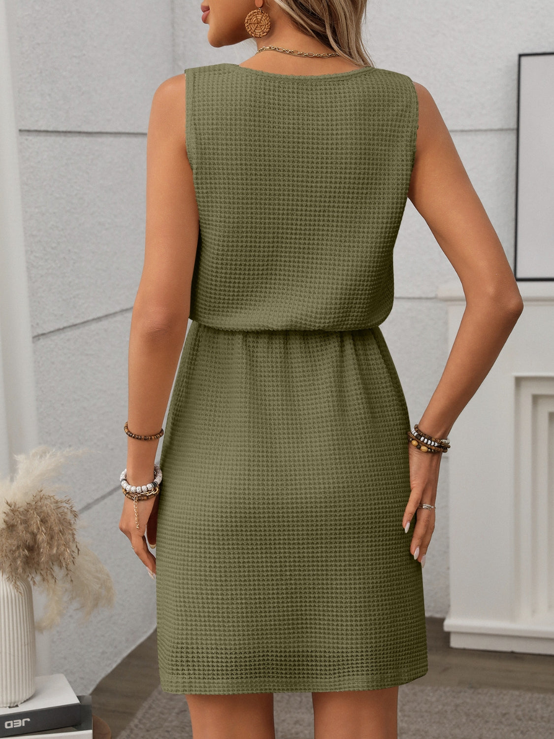 Textured Waffle-Knit Drawstring Mini Tank Dress - Effortless Style.