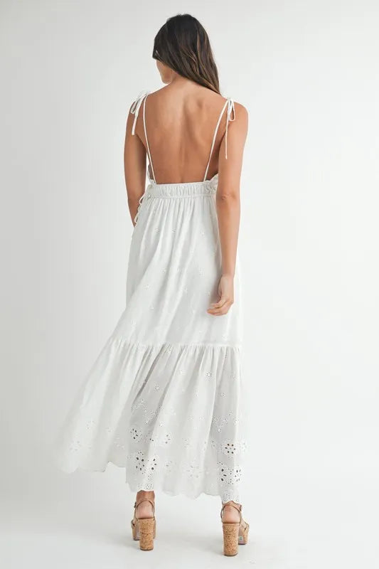 MABLE Eyelet Lace Maxi Dress with Side Strap Details.