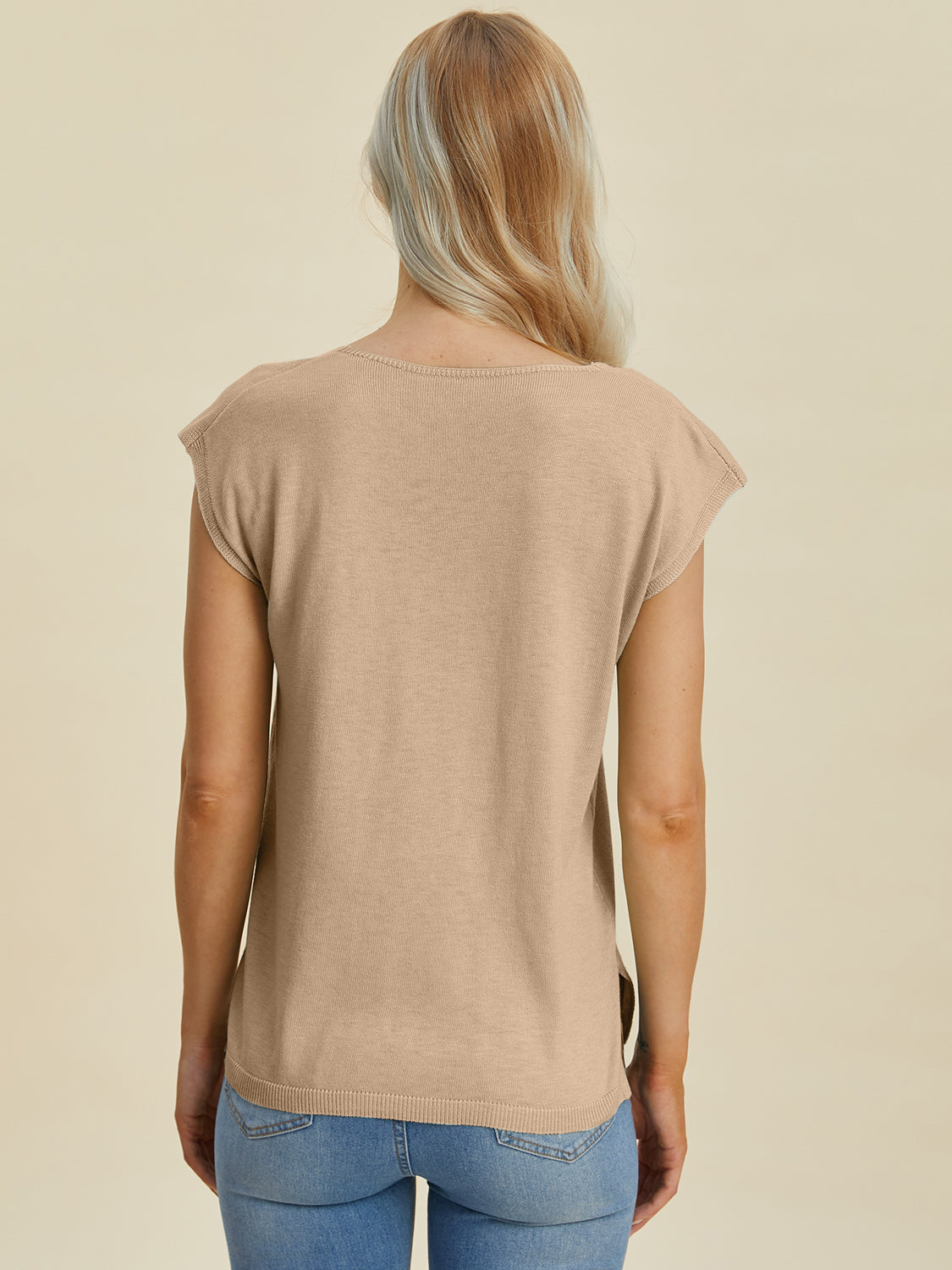 Double Take Full Size Notched Cap Sleeve Knit Top.