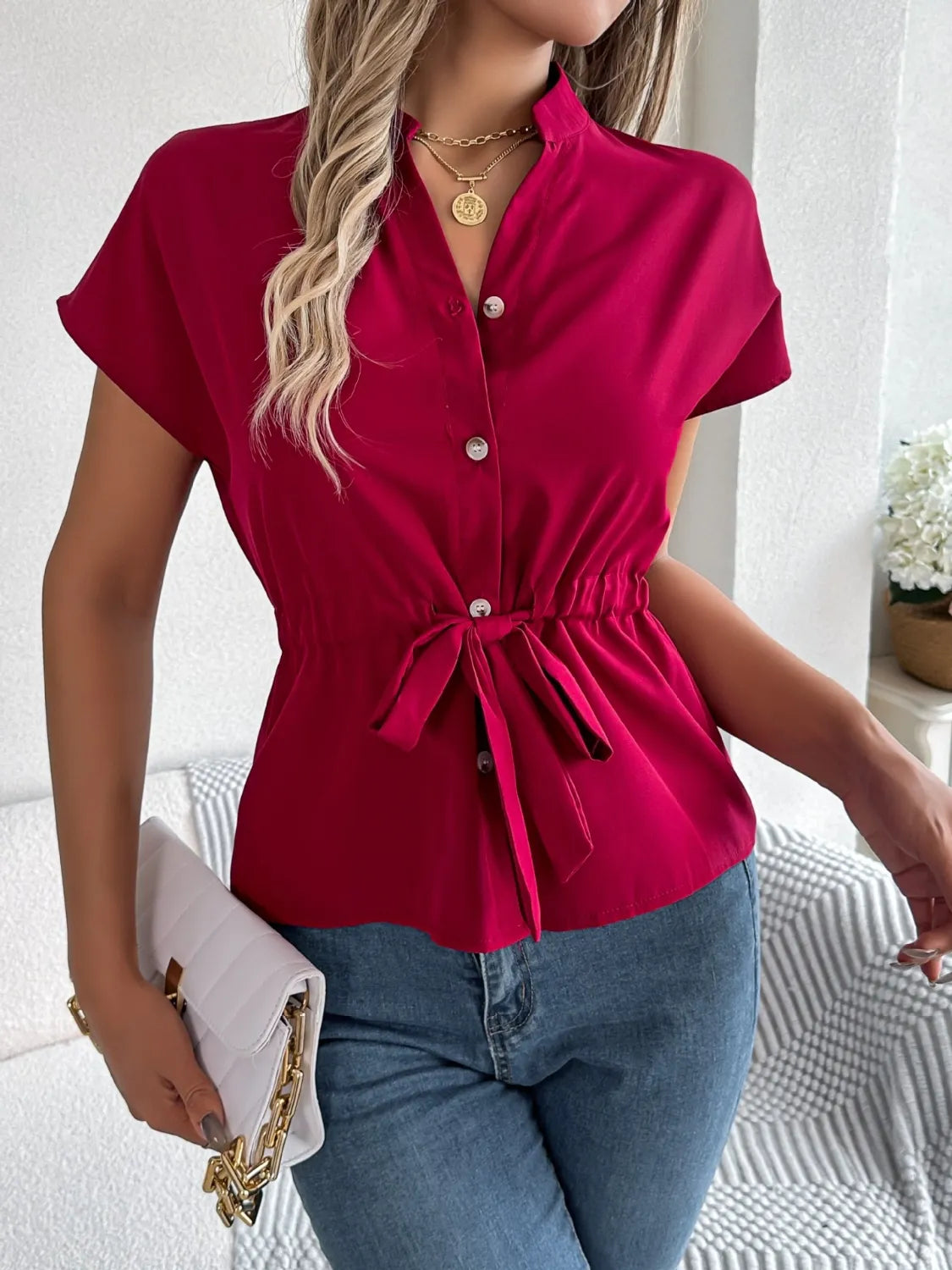 Savvy Notched Short Sleeve Blouse.