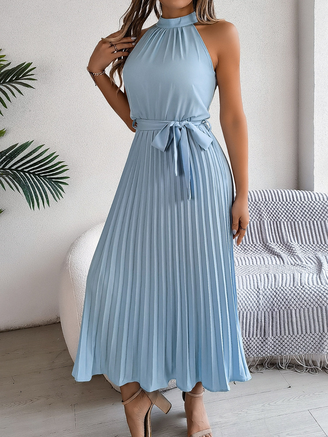 Grecian Neck, Tie Waist, Pleated Dress.