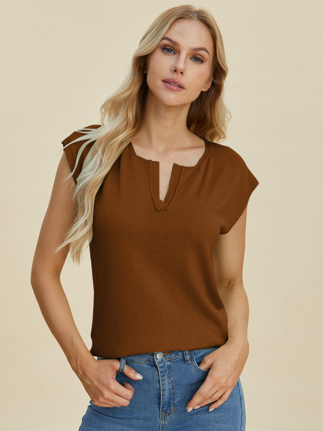 Double Take Full Size Notched Cap Sleeve Knit Top.