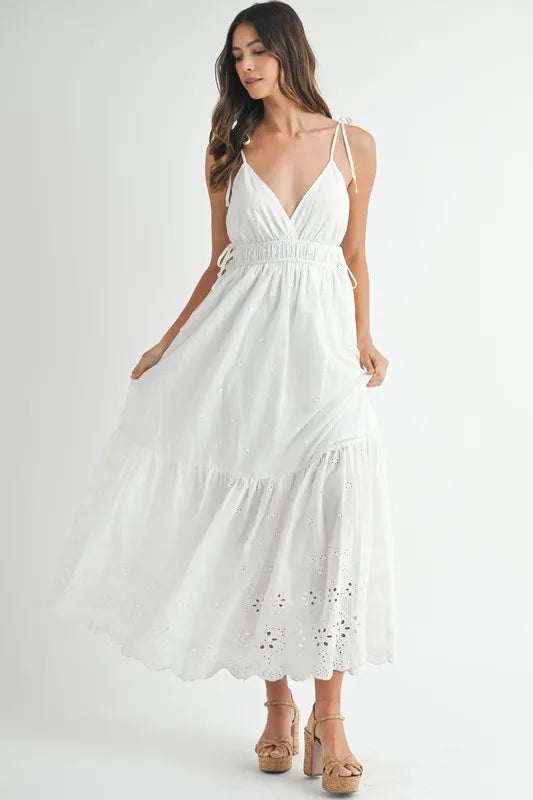 MABLE Eyelet Lace Maxi Dress with Side Strap Details.