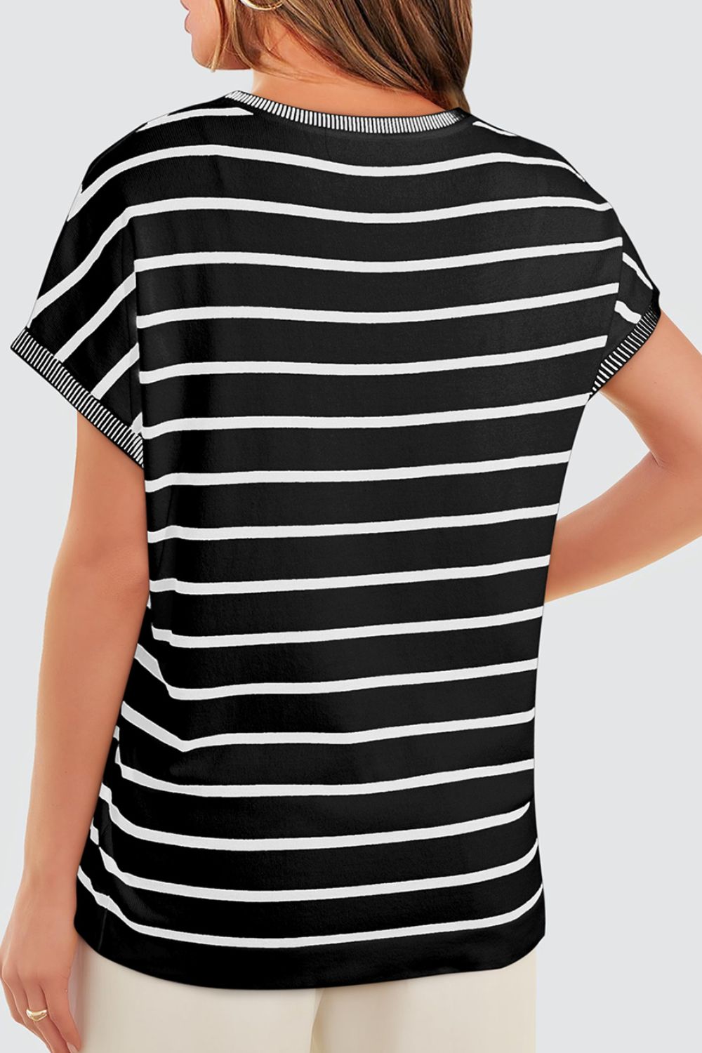 Classic Striped Short Sleeve Knit Top - Timeless Versatility.