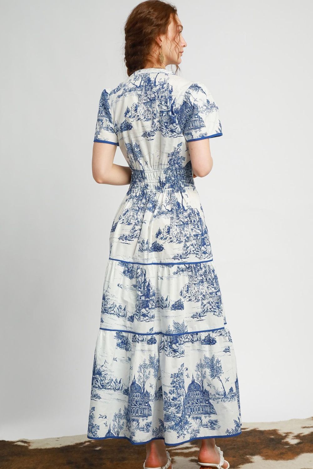 Umgee Full Size Landscape Print Short Sleeve Tiered Maxi Dress Plus Size.