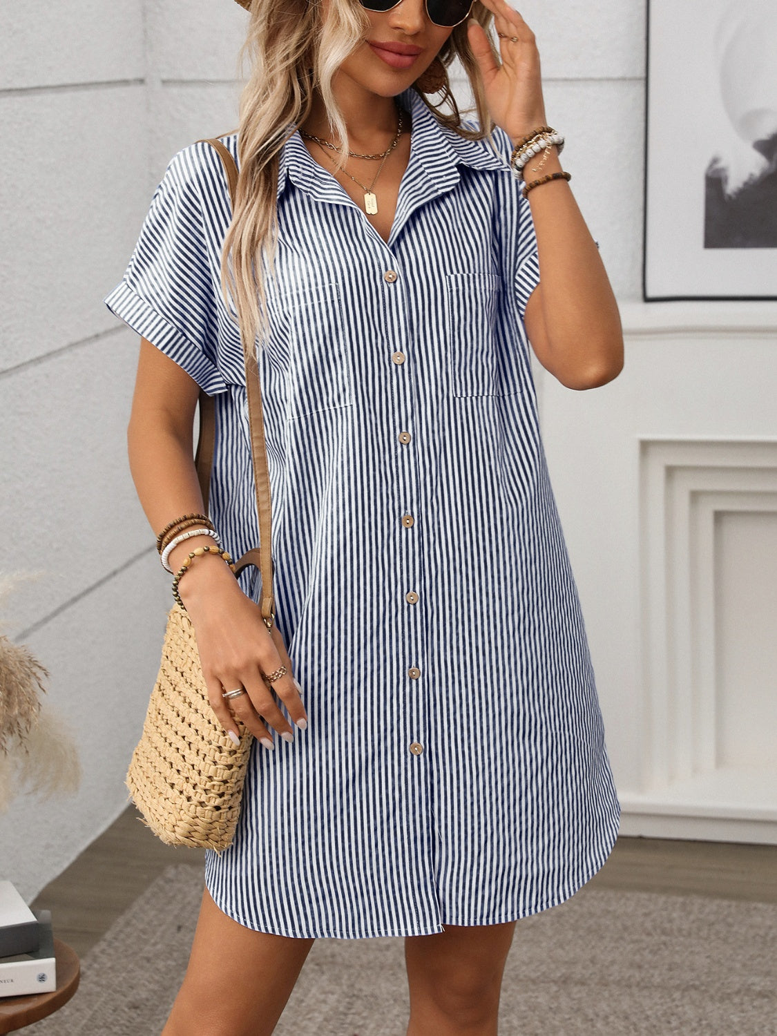 Nautical Chic Striped Button Down Short Sleeve Mini Dress - Summer Essential.