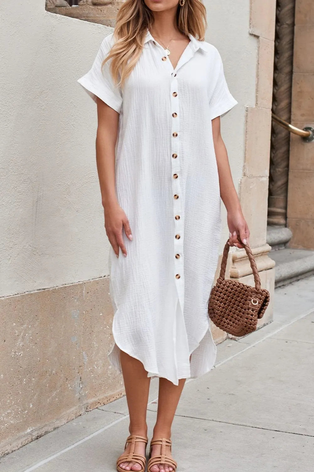 Effortlessly Chic - Button Down Short Sleeve Midi Shirt Dress.