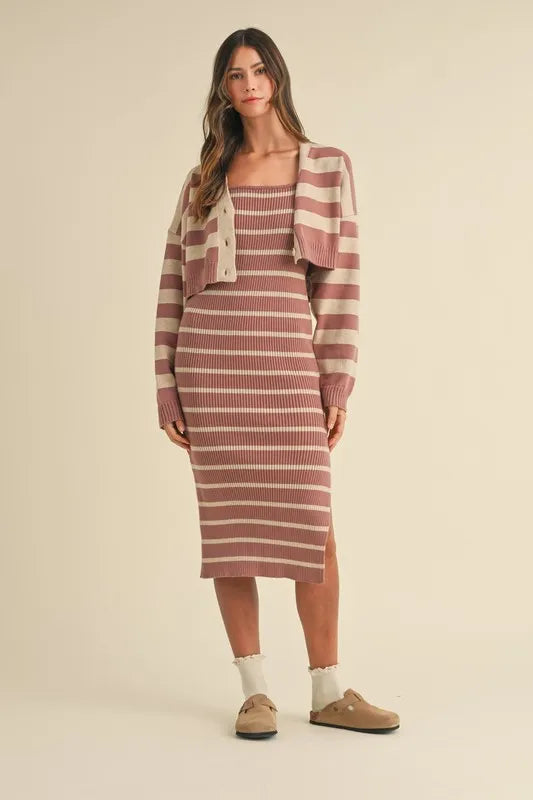 MABLE Stripe Crop Cardigan and Bodycon Dress Sweater Set.