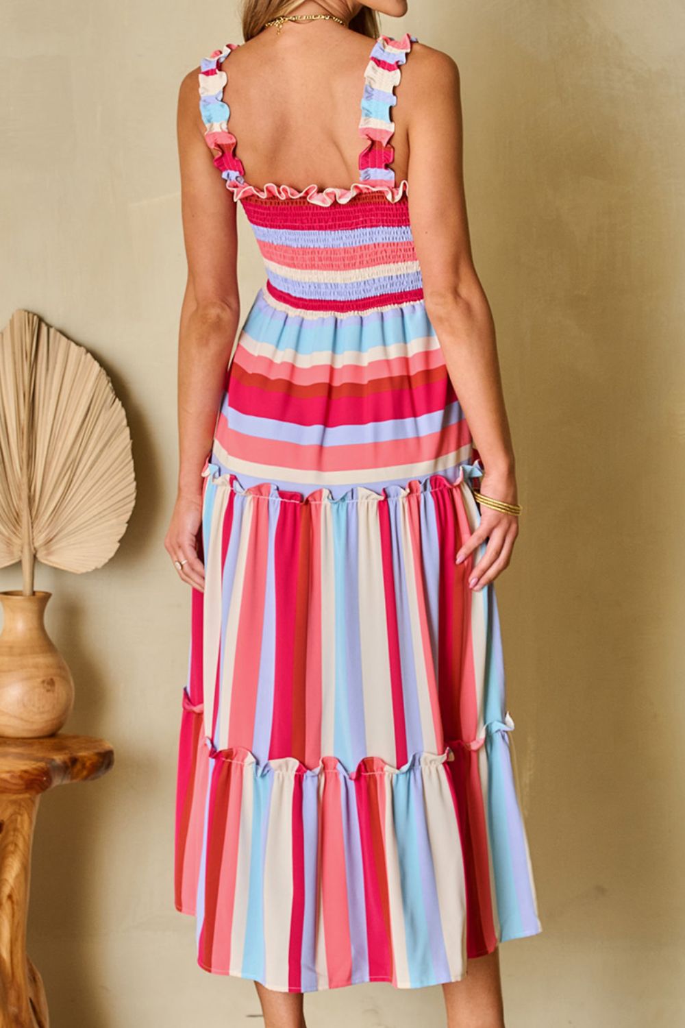 Contrast Stripe Wide Strap Smocked Tiered Dress.