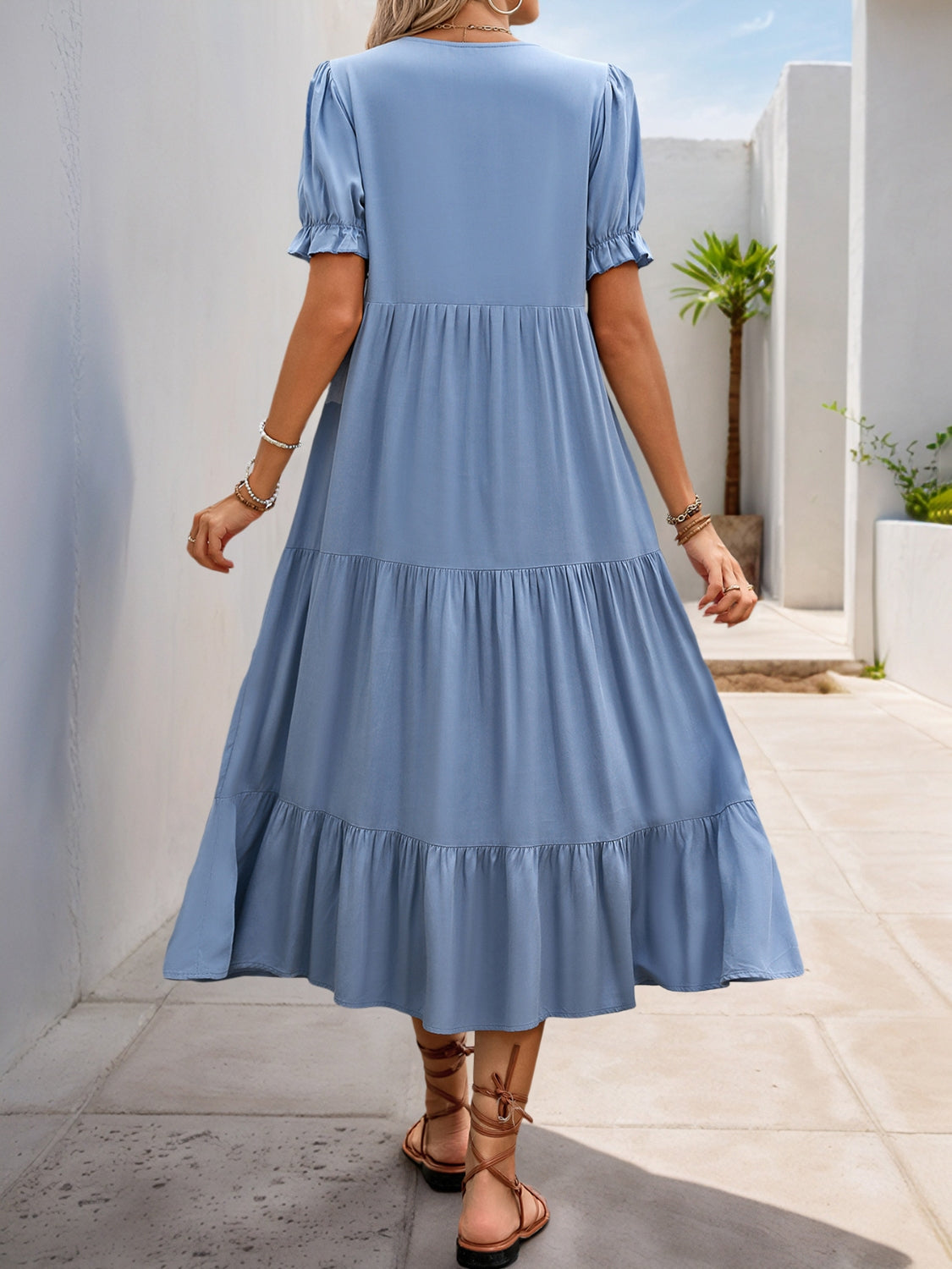 Notched Short Sleeve Tiered Midi Dress.
